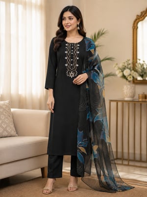 New Neck Design Fully Stitched Roman Silk Kurta Set For Women (Black)