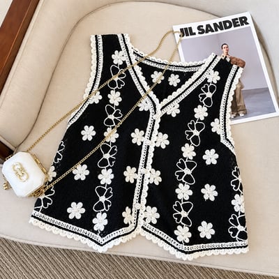 Black & Cream Floral Crochet Vest for Women