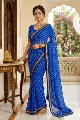 Georgette Lehriya 60GSM Saree with Lace Border and Blouse Set Blue