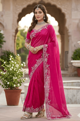 Jimmy Choo Saree With Beautiful Silver Zari Work Hand Touch Sequence Work With Fully Work Blouse Piece (Cherry)