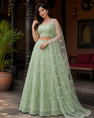Light Green Embroidered Semi Stitched Net Lehenga