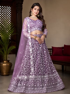 Lavender Colour Beautiful Embroidery Work Lehenga 