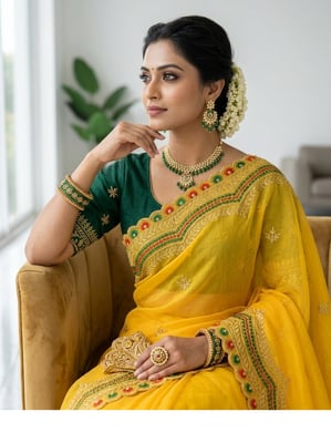 Yellow Hard Net Saree with heavy border design and Green Blouse Piece 