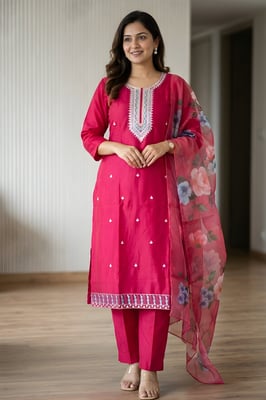 Trendy High Quality Roman Silk Kurta Pant Dupatta Set for Women 