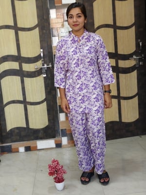 White Leaf Printed Pure Cotton Cord Set For Women (Lavender color)