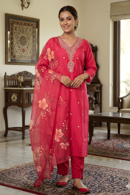 Roman silk woman kurti with pant and dupatta