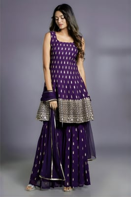 Buy This Beautiful Wine Embroidered Kurta Sharara Dupatta Set 