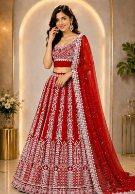 Attractive Embroidered Semi Stitched Net Lehenga Choli Dupatta Set for Women (Red)