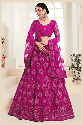 Embroidered Semi Stitched Net Lehenga Choli for Women (Pink)