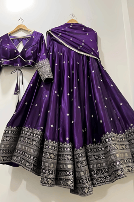 Fancy Embroidered Silk Lehenga Choli Dupatta Set for Women (Purple)