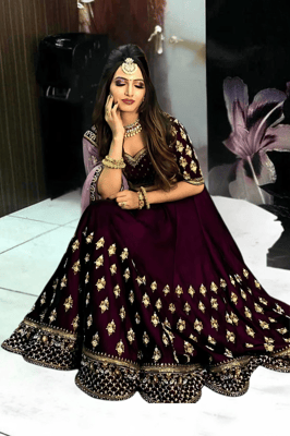 Embroidered Semi Stitched Velvet Lehenga Choli Dupatta Set for Women (Purple)
