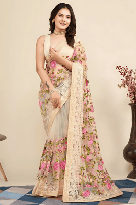 Embroidered Floral Net Saree With Blouse Piece (Off-white)