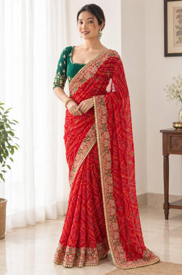 Gota Work Bandhani Print Fancy Saree