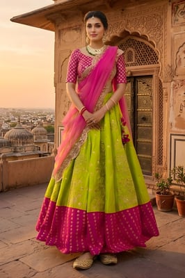 Women's Contrast Satin Silk Embroidered Semi-stitched Lehenga with Chiffon Dupatta
