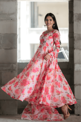 orange Floral Gown With Dupatta Set for Women (pink)