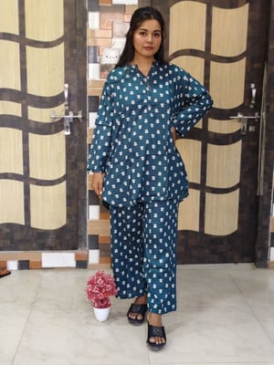 Golden Color Printed CoordSet for Women in Pure Cutton (Royal Blue)