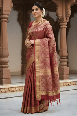 elegant burgundy or wine-colored saree is a traditional garment, 
