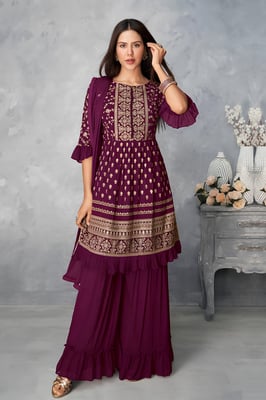 Wine New Design Kurta Sharara Dupatta Set