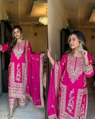 Heavy Embroidered Pink Kurta Plazzo Dupatta Set