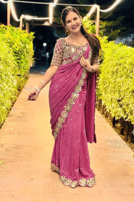 Beautiful Mirror Work Georgette Saree With Blouse Piece (Pink)