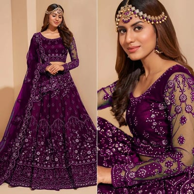 Embroidered Semi Stitched Purple Net Lehenga Choli For Women