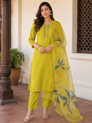Trendy Neck Design Moti Work Embroidered High Quality Roman Silk Kurta Set (Parrot Green)