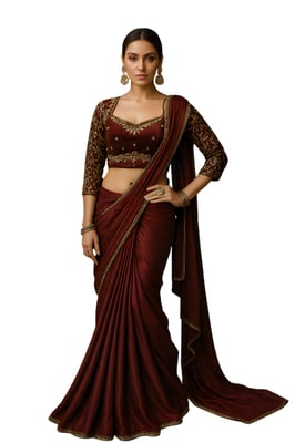 Buy maroon embroidered saree blouse and matching plain saree set.