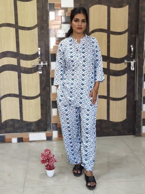 Box Printed Pure cotton Cord Set For Women (Blue)