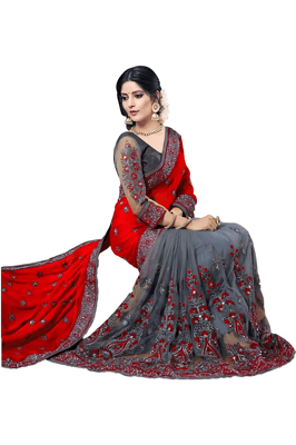 Half & Half Mirror Work Red Embroidered Net & Silk Saree With Blouse Piece