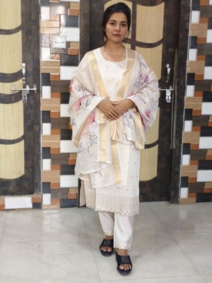 Fancy Rayon Slub Kurta Pant Dupatta Set for Women(OffWhite)