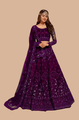 Embroidered Semi Stitched Purple Net Lehenga Choli For Women
