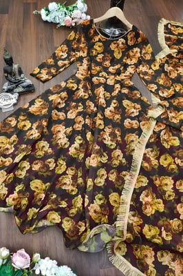 black White Floral Gown With Dupatta Set for Women yellow