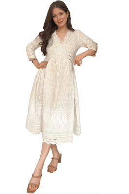 Sita Devi and Sons Women's Cotton Chikankari Work V-Neck Anarkali Kurti