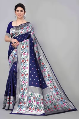 Multicolor Flower Border Blue Bananasi Silk Saree With Blouse Piece 
