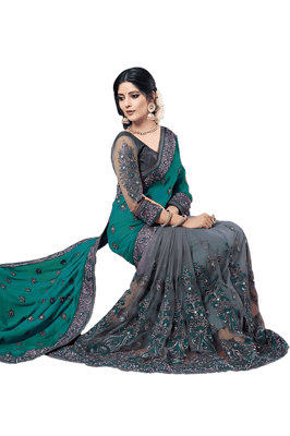 Self Design Bollywood Net And Silk Saree With Blouse Piece (Teal)