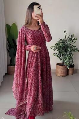 maroon Floral Gown With Dupatta Set for Women