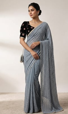 Buy ethnic plus elegant grey georgette saree