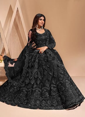 Black Embroidered Semi Stitched Purple Net Lehenga