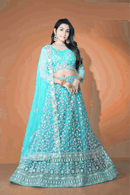 Sky Green Floral Embroidered Net Lehenga Choli Dupatta Set 