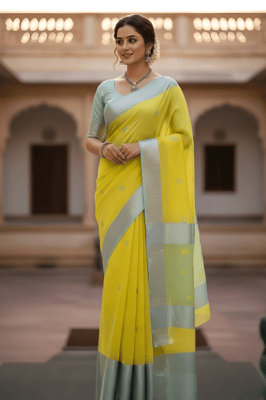 Maheshwari Silk Cotton Saree in yellow with a contrasting light