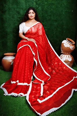 Red Dhakai Jamdani Lace Work Saree