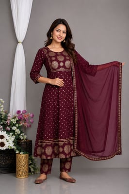 Rayon Traditional Maroon Gown Pant Dupatta Set