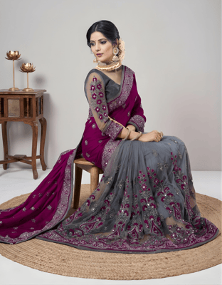 Embroidered Half and Half Pink Grey Net and Silk Saree With Blouse Piece 