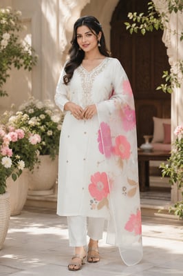  Premik White Kurta Pant Dupatta Set 