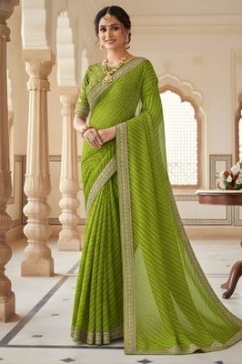 striped, Embellished Georgette Saree (Green)