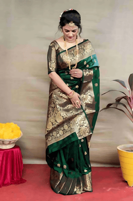 Banarasi Silk Bottle Green Saree With Blouse Piece