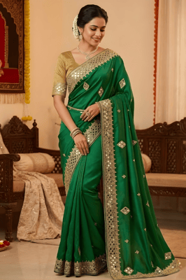 Self Design, Embroidered Bollywood Georgette Saree (Green) cut, daimond work 