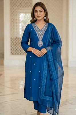 V Neck Golden Jari Worked Women Roman Silk Royal Blue Kurta Set 