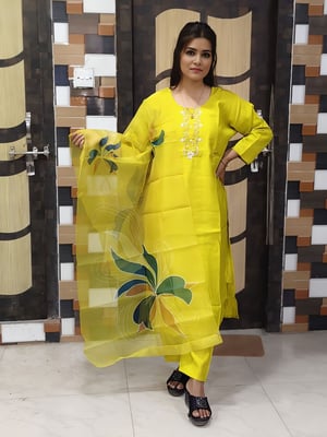 Trendy Neck Design Moti Work Embroidered High Quality Roman Silk Kurta Set (Parrot Green)