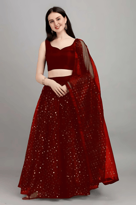 Self Design Semi Stitched Emblished Net Lehenga for Women (Maroon)